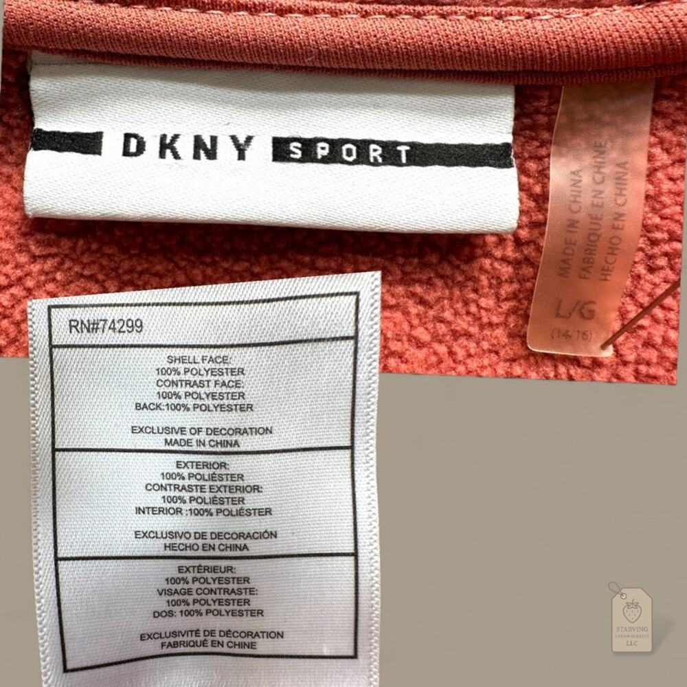 DKNY Sport Girls Faux Fur Hoodie Jacket L 14/16 Coral Rust Zip Front Sherpa - Picture 8 of 9
